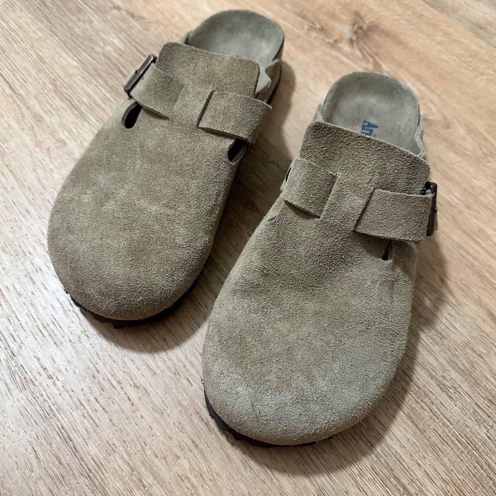 AriesUGG | Women's Taupe Suede Boston Clog Buckle Strap Mule Slip On Shoes, 38